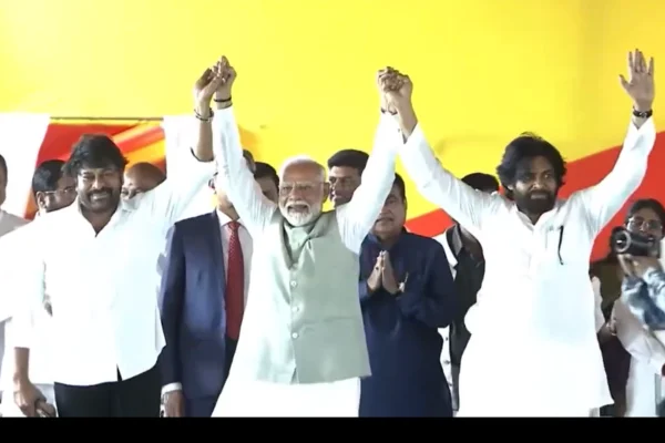 Modi with Chiranjeevi and Pawan Kalyan